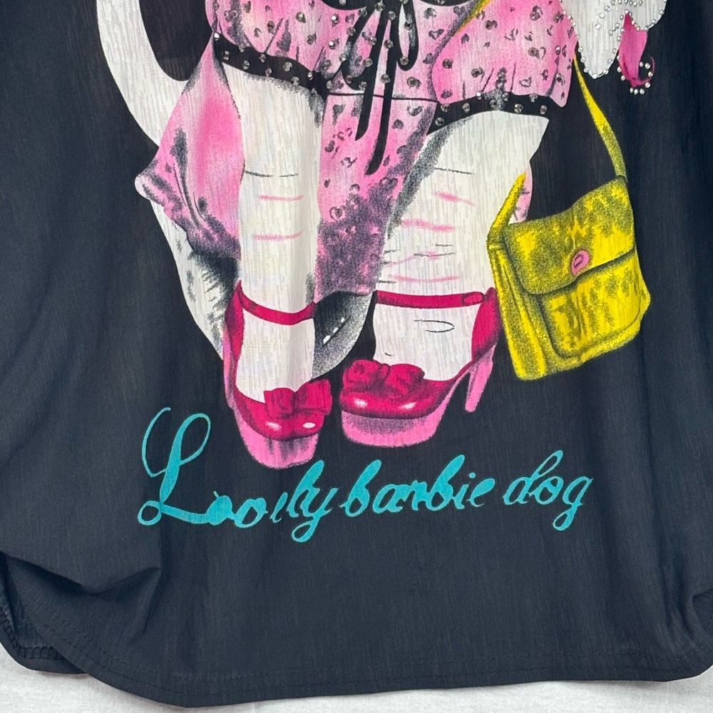 Beautifulcom Black Two Sided Gem Detail Lovely Barbie Dog Graphic Blouse XL - Picture 4 of 8